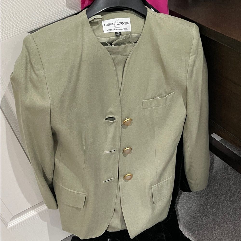 Casual Corner Sage Jacket with Brass Accents and matching skirt vintage 1980